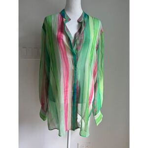 MNG Mango Italian Fabric Striped Sheer Tunic Blouse Green Pink Size 8